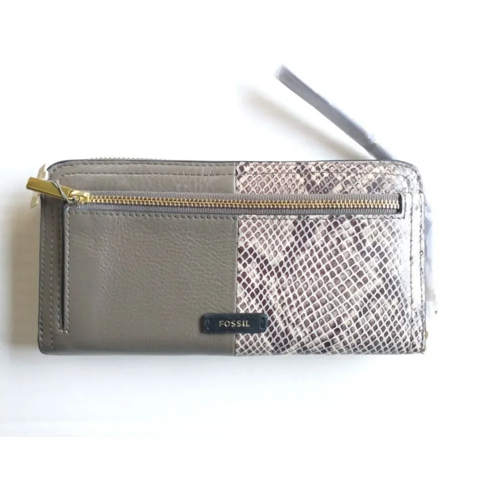 New! FOSSIL Logan RFID Wallet Zip Clutch Wristlet Strap Taupe Snakeprint Black